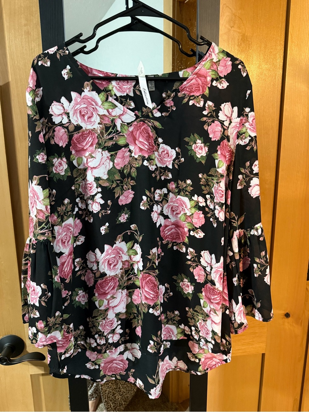 NY Collection Black Floral Bell-Sleeve Blouse with Pink Roses